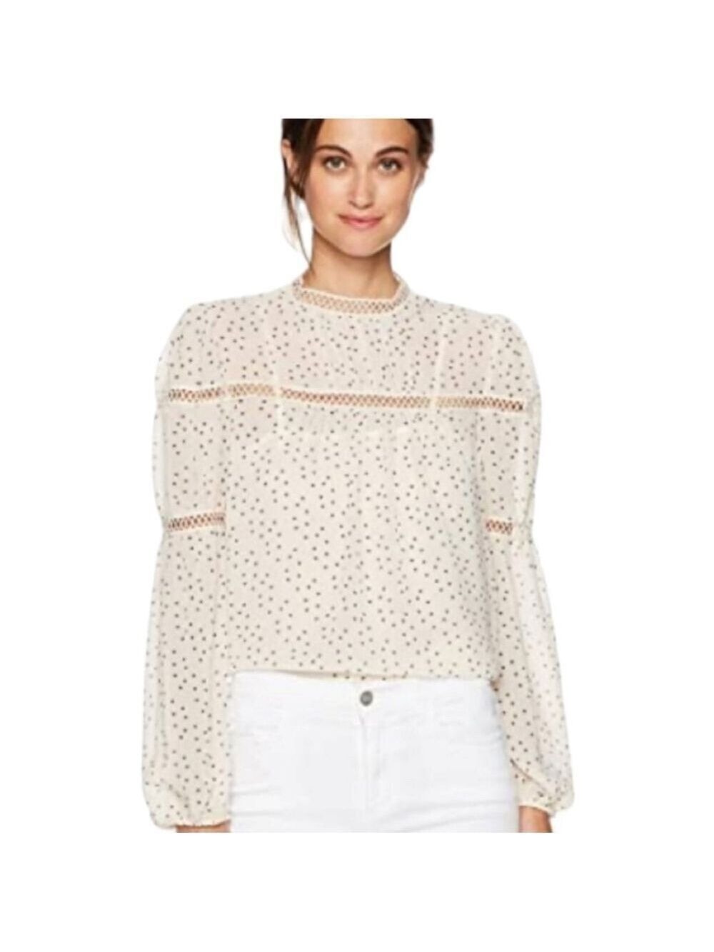 Women's Cream & Black Speck Print Peasant High Neck Sheer Blouse Large